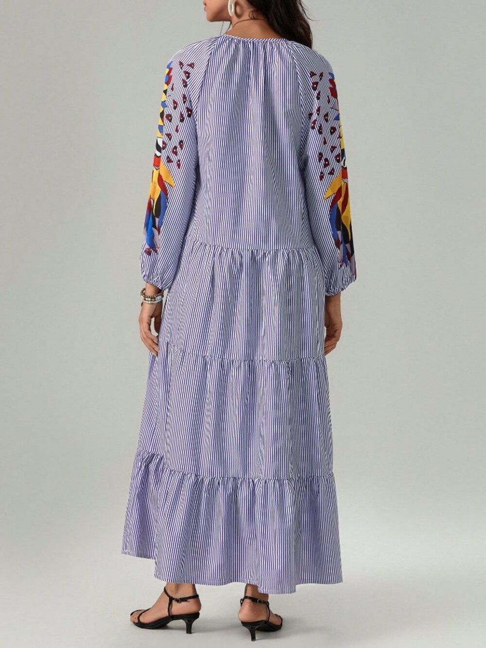 Blue Casual Women's Boho Floral Puff Sleeve Maxi Dress - Picture 9 of 10